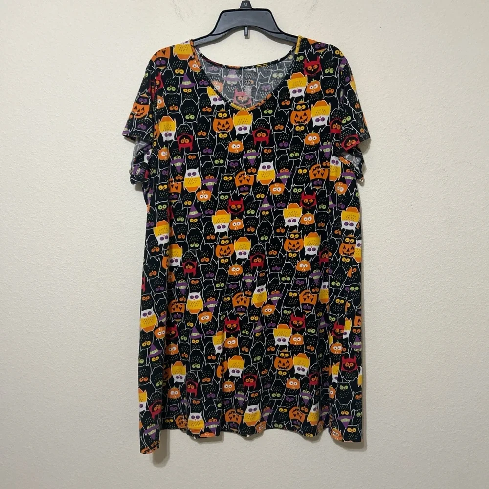 Halloween Owl Sleep Dress Black Soot Plus Size 2X/3X Cotton Nightgown V-Neck - Picture 4 of 7